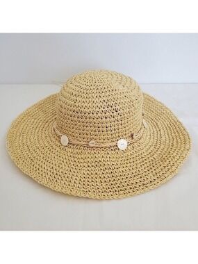 STRAND HEADWEAR WOMEN SUN HAT FLOPPY RAFFIA STRAW PUCA SHELLS BUTTONS COACHELLA